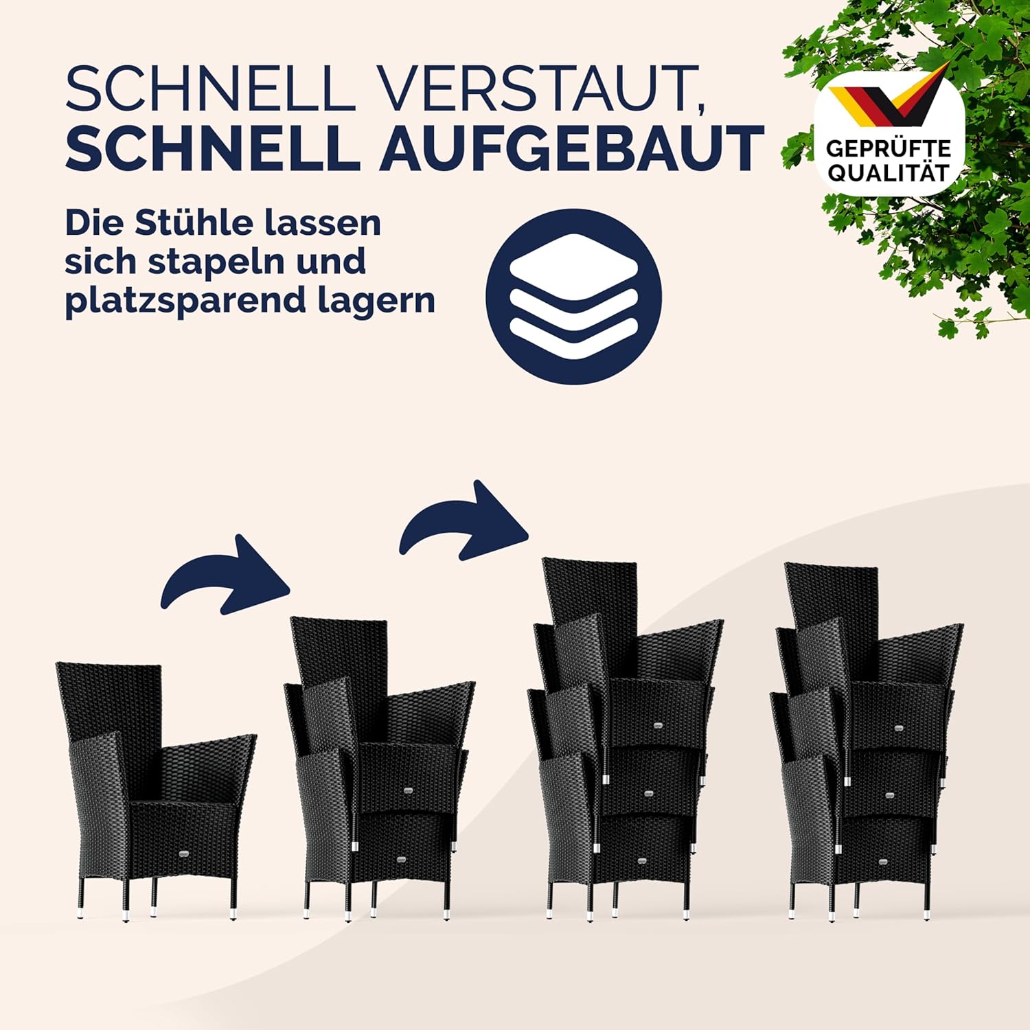 Casaria® Gartenmöbel Polyrattan 6 Stühle Stapelbar 150x90cm Gartentisch WPC Holz Wetterfest Outdoor Terrasse Sitzgruppe Essgruppe Garnitur Set Schwarz — Ansicht 6