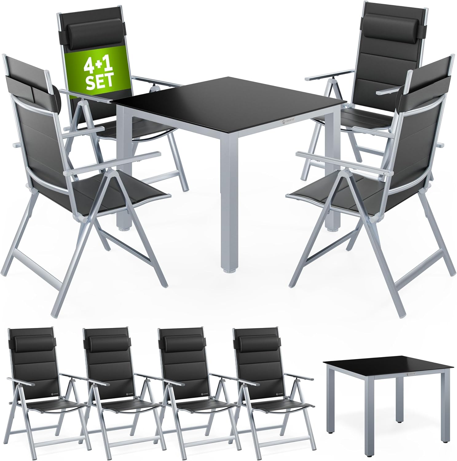 Casaria® Gartenmöbel Set 4 Stühle Klappbar mit Gartentisch Alu inkl. Kopfkissen 8-Fach verstellbare Rückenlehne 90x90cm Wetterfest Outdoor Terrasse Balkon Sitzgruppe Silber