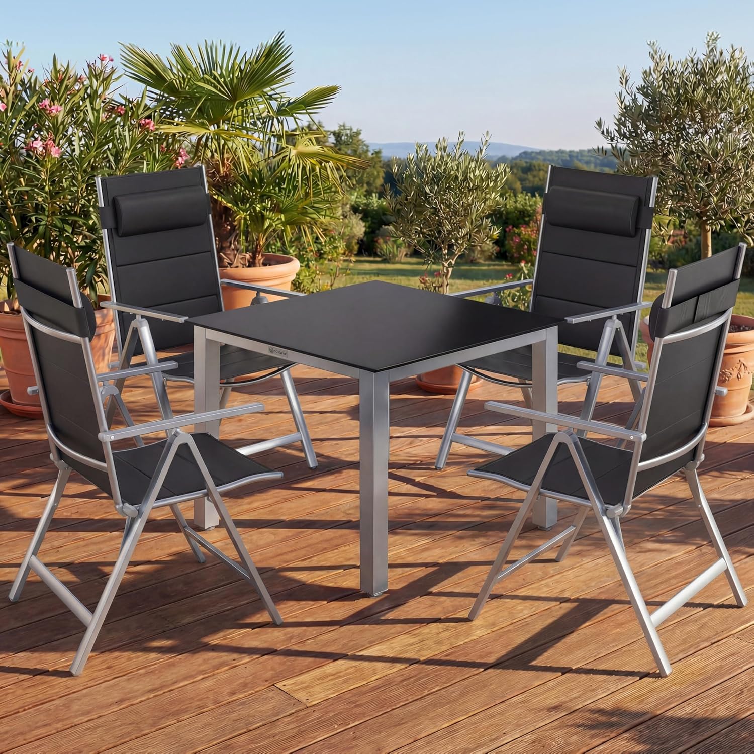 Casaria® Gartenmöbel Set 4 Stühle Klappbar mit Gartentisch Alu inkl. Kopfkissen 8-Fach verstellbare Rückenlehne 90x90cm Wetterfest Outdoor Terrasse Balkon Sitzgruppe Silber — Ansicht 2