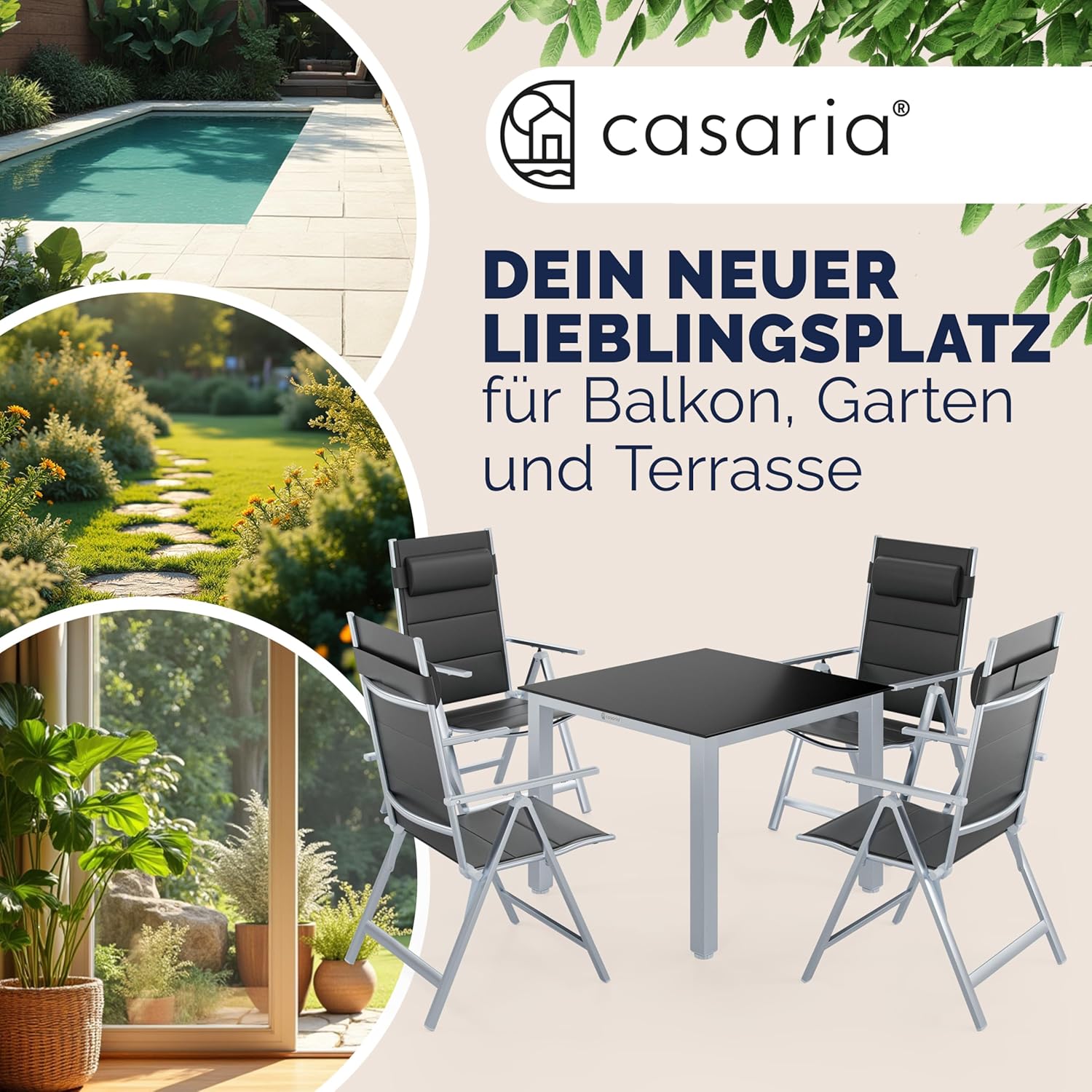 Casaria® Gartenmöbel Set 4 Stühle Klappbar mit Gartentisch Alu inkl. Kopfkissen 8-Fach verstellbare Rückenlehne 90x90cm Wetterfest Outdoor Terrasse Balkon Sitzgruppe Silber — Ansicht 3