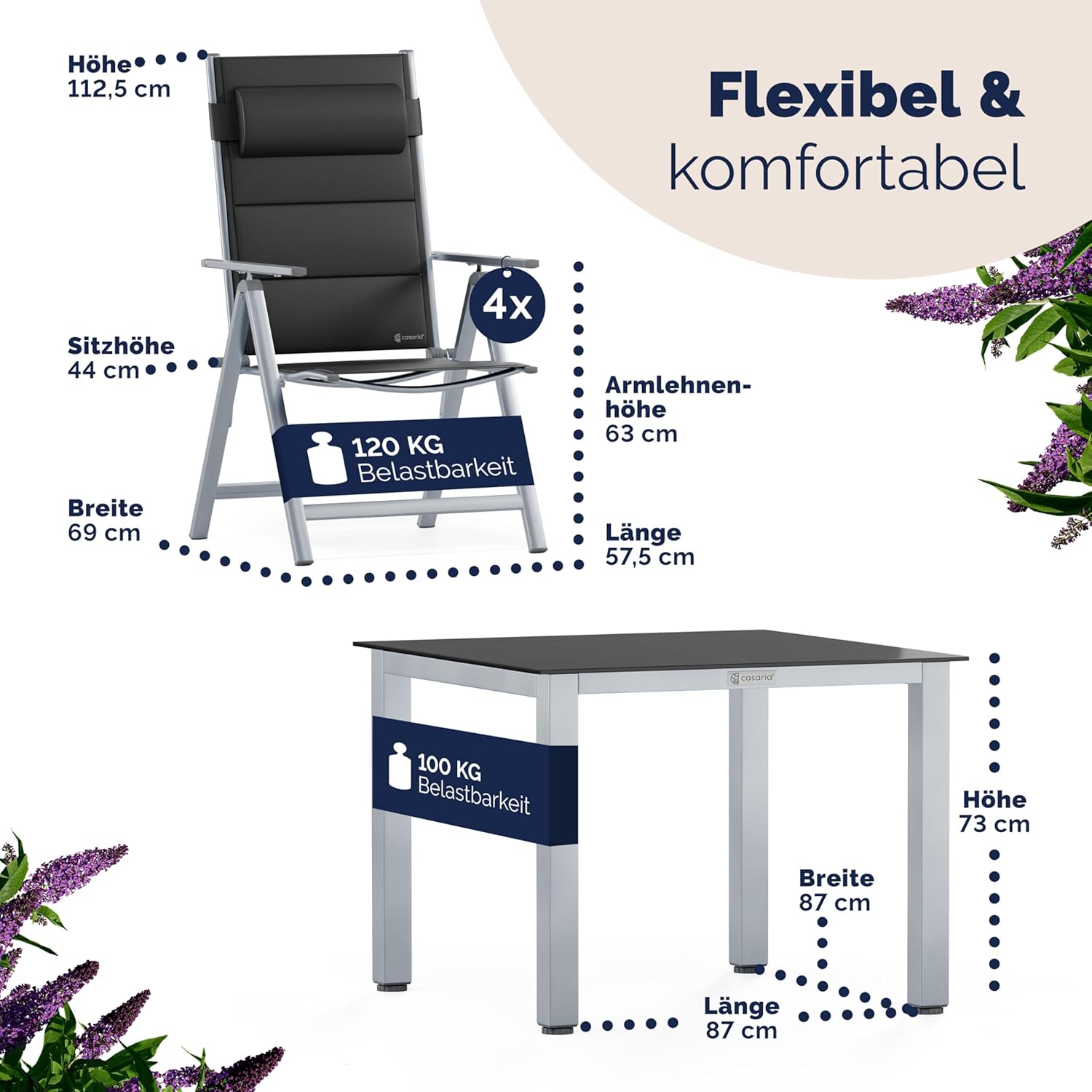 Casaria® Gartenmöbel Set 4 Stühle Klappbar mit Gartentisch Alu inkl. Kopfkissen 8-Fach verstellbare Rückenlehne 90x90cm Wetterfest Outdoor Terrasse Balkon Sitzgruppe Silber — Ansicht 4