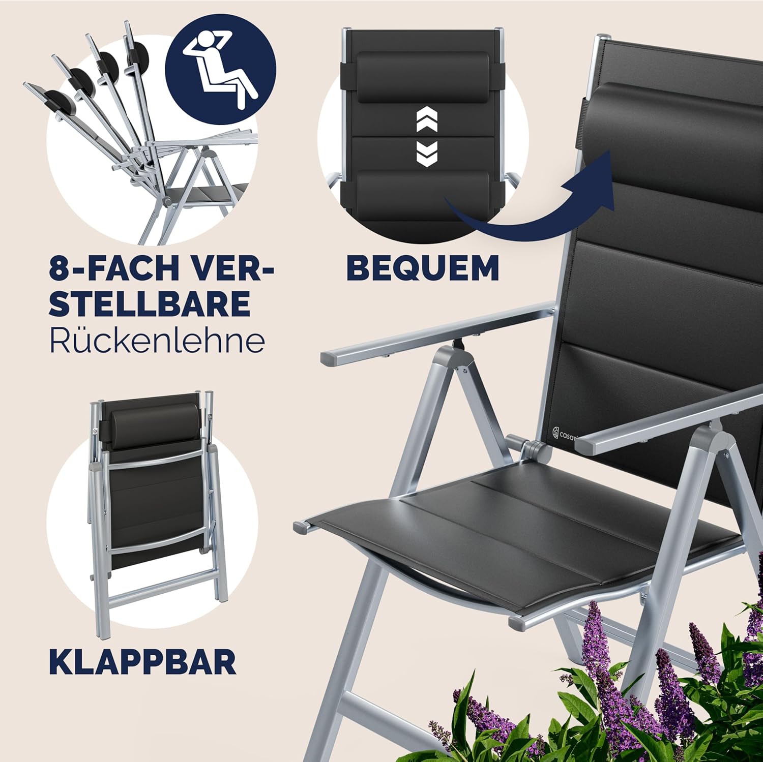 Casaria® Gartenmöbel Set 4 Stühle Klappbar mit Gartentisch Alu inkl. Kopfkissen 8-Fach verstellbare Rückenlehne 90x90cm Wetterfest Outdoor Terrasse Balkon Sitzgruppe Silber — Ansicht 5