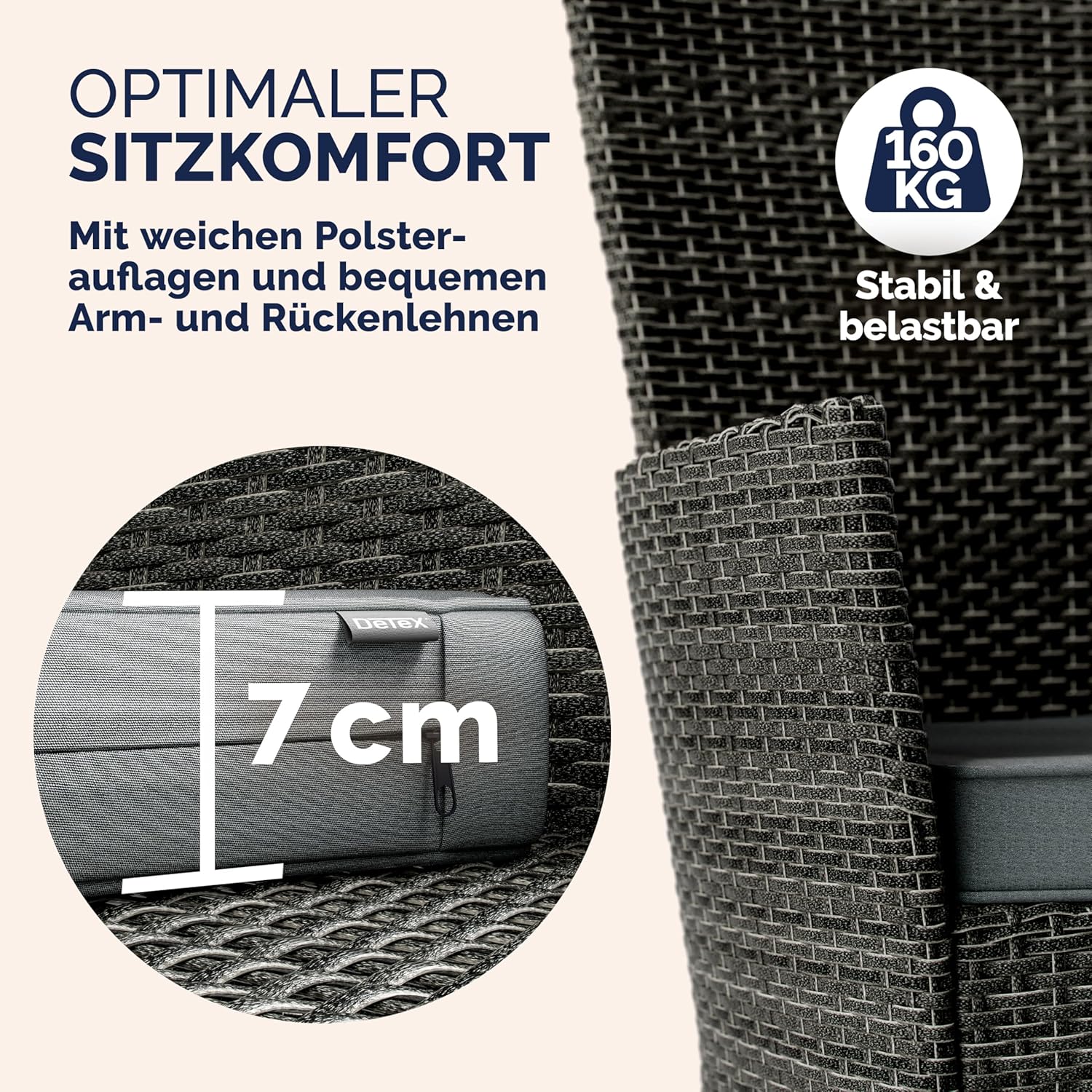 Casaria® Gartenmöbel Set 6 Personen Stühle inkl. 7cm Polster Tisch 150x90cm Balkonmöbel 160kg Belastbar Wetterfest Polyrattan Stapelbar Terrasse Möbel Grau — Ansicht 6