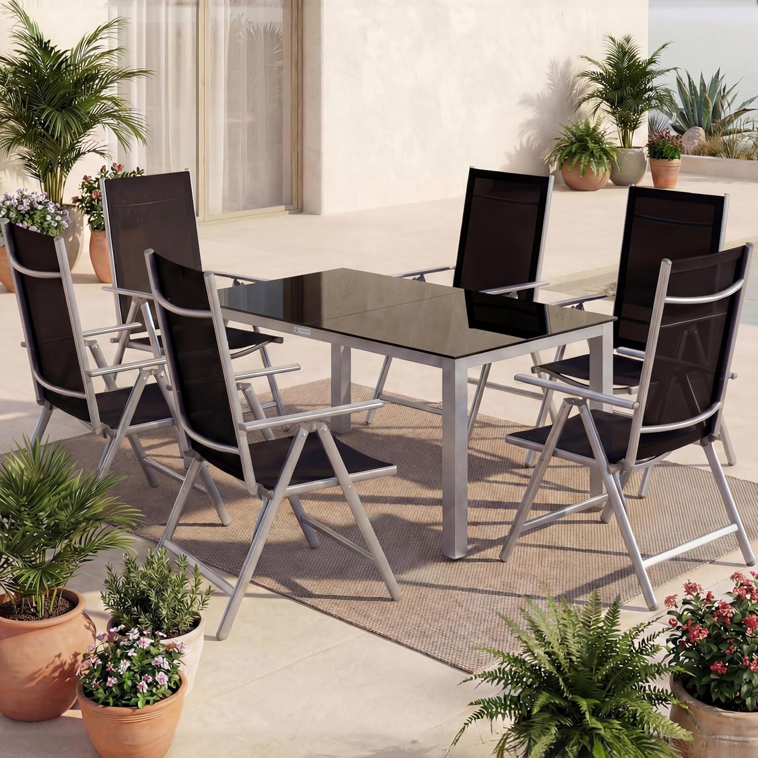 Casaria® Gartenmöbel Set 6 Stühle mit Tisch 150x90cm Aluminium Sicherheitsglas Wetterfest Klappbar Modern Terrasse Balkon Möbel Sitzgruppe Garnitur Bern — Ansicht 2