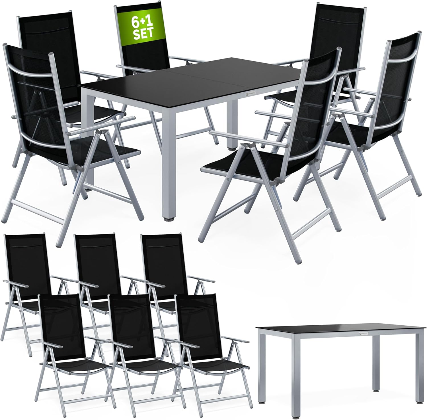 Casaria® Gartenmöbel Set 6 Stühle mit Tisch 150x90cm Aluminium Sicherheitsglas Wetterfest Klappbar Modern Terrasse Balkon Möbel Sitzgruppe Garnitur Bern