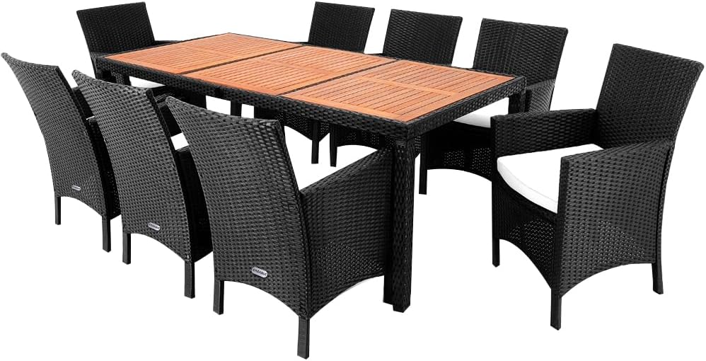 Casaria® Gartenmöbel Set 8 Stühle inkl. 7cm Auflagen extra Breit mit Tisch 190x90cm Outdoor Terrassenmöbel Wetterfest Polyrattan Akazie Holz Essgruppe Garten Balkon Lounge