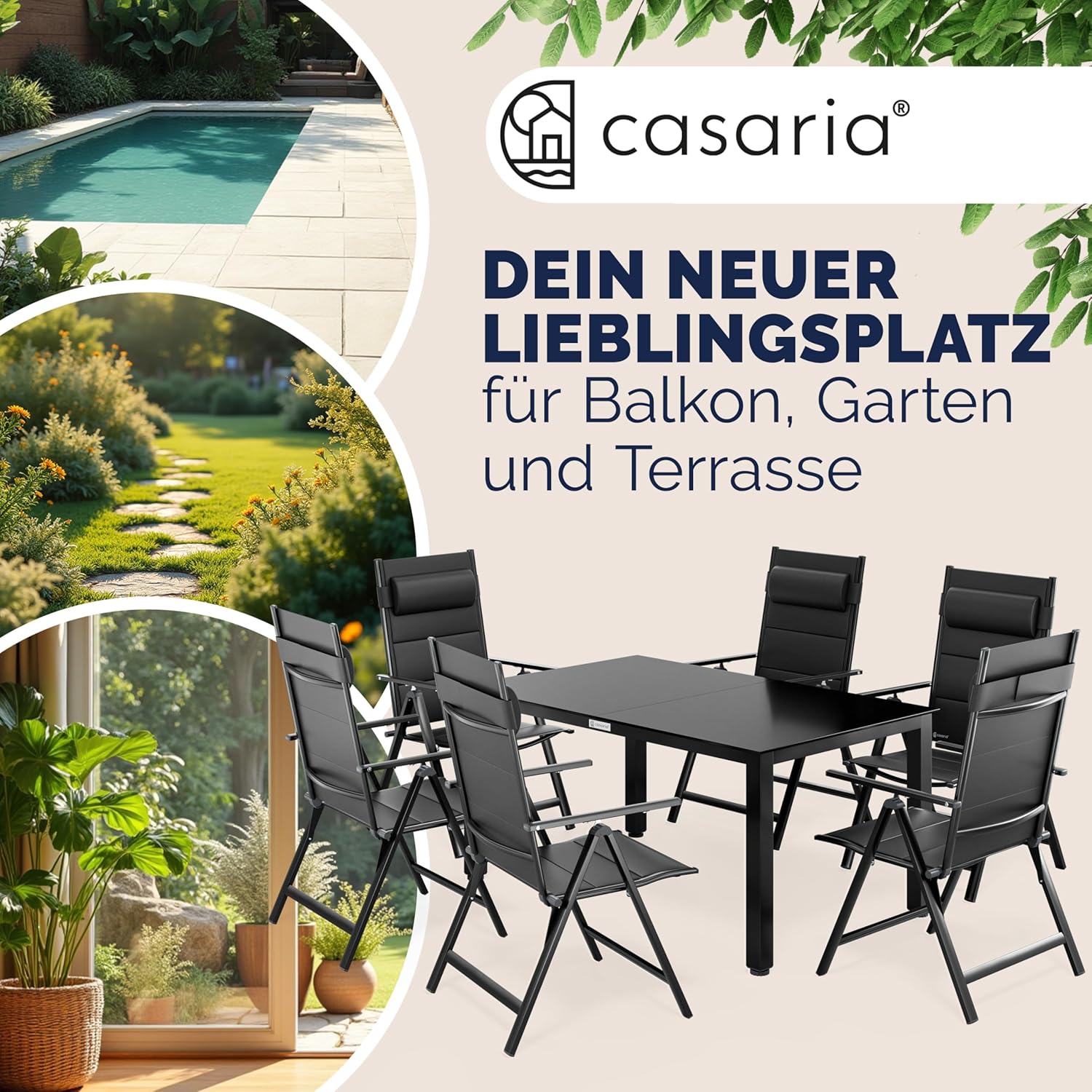 Casaria® Gartenmöbel Set Gartentisch 6 Stühle Klappbar Alu inkl. Kopfkissen Outdoor 8-Fach verstellbare Rückenlehne Wetterfest Terrasse Sitzgruppe Anthrazit 150x90cm — Ansicht 2