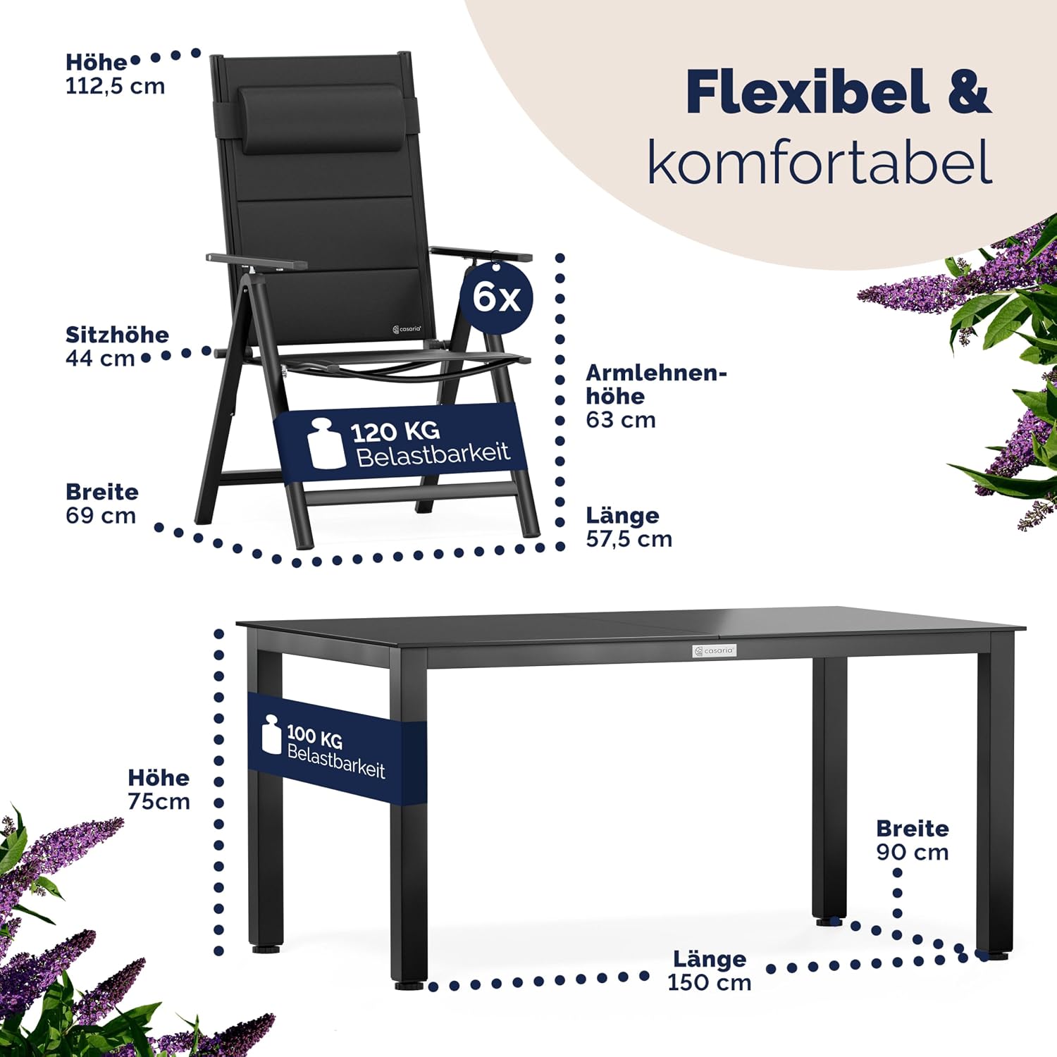 Casaria® Gartenmöbel Set Gartentisch 6 Stühle Klappbar Alu inkl. Kopfkissen Outdoor 8-Fach verstellbare Rückenlehne Wetterfest Terrasse Sitzgruppe Anthrazit 150x90cm — Ansicht 3