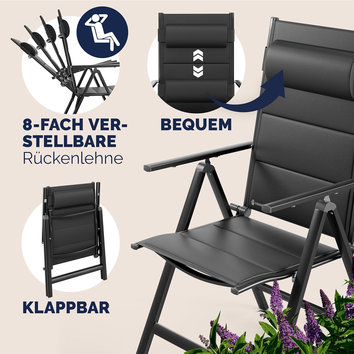 Casaria® Gartenmöbel Set Gartentisch 6 Stühle Klappbar Alu inkl. Kopfkissen Outdoor 8-Fach verstellbare Rückenlehne Wetterfest Terrasse Sitzgruppe Anthrazit 150x90cm — Ansicht 4