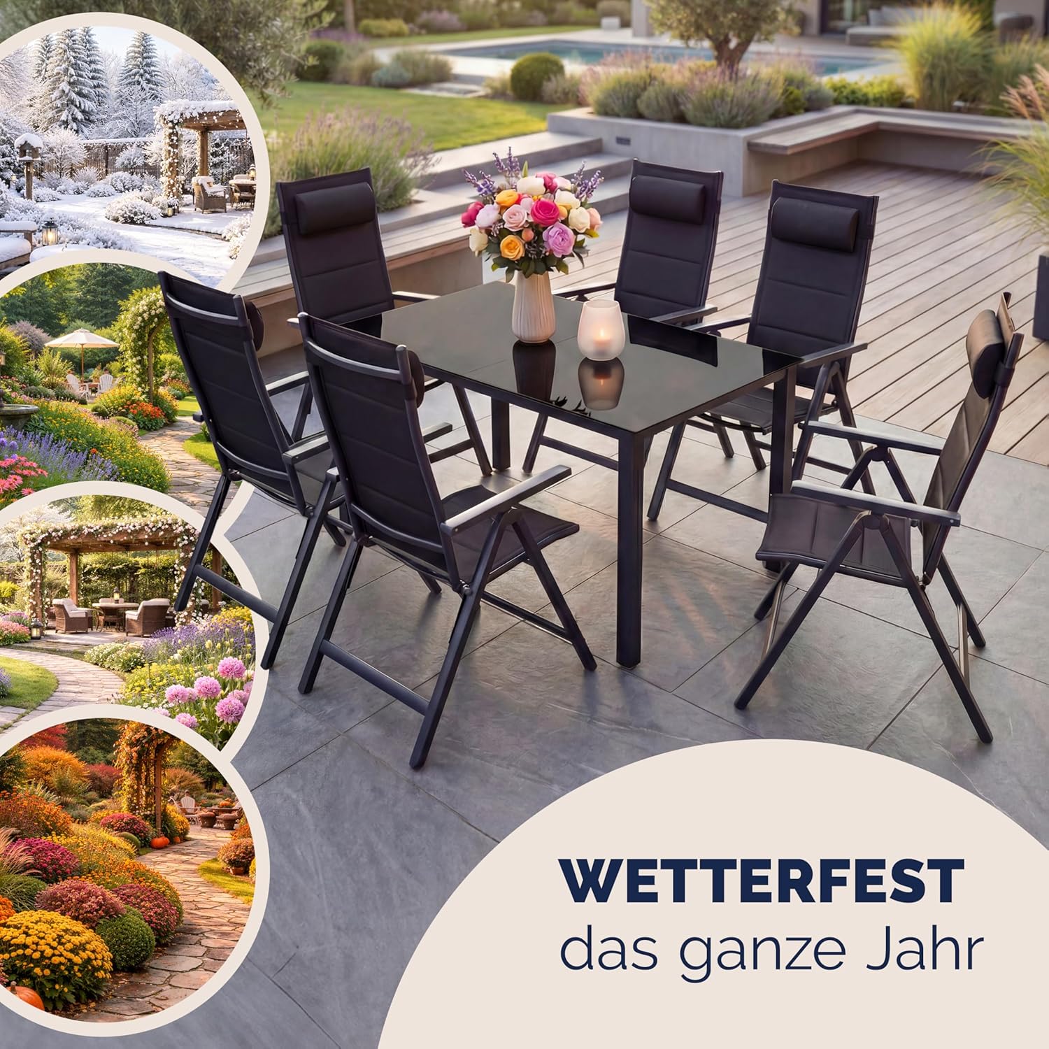 Casaria® Gartenmöbel Set Gartentisch 6 Stühle Klappbar Alu inkl. Kopfkissen Outdoor 8-Fach verstellbare Rückenlehne Wetterfest Terrasse Sitzgruppe Anthrazit 150x90cm — Ansicht 6