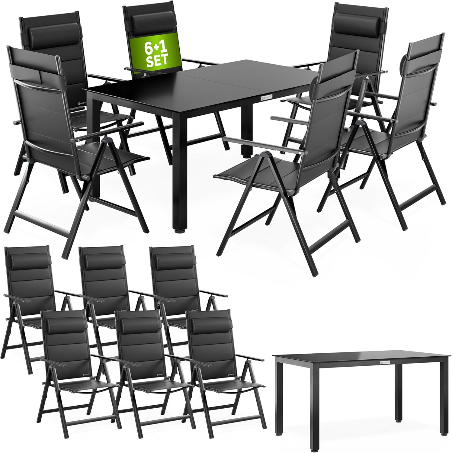 Casaria® Gartenmöbel Set Gartentisch 6 Stühle Klappbar Alu inkl. Kopfkissen Outdoor 8-Fach verstellbare Rückenlehne Wetterfest Terrasse Sitzgruppe Anthrazit 150x90cm