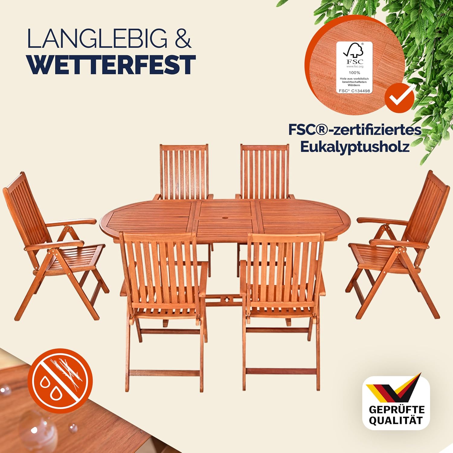 Casaria® Gartenmöbel Set Holz 6 Stühle mit Tisch Wetterfest FSC®-Zertifiziert Schirmständer Armlehnen Klappstühle Garten Terrasse 7-TLG. Eukalyptus — Ansicht 2