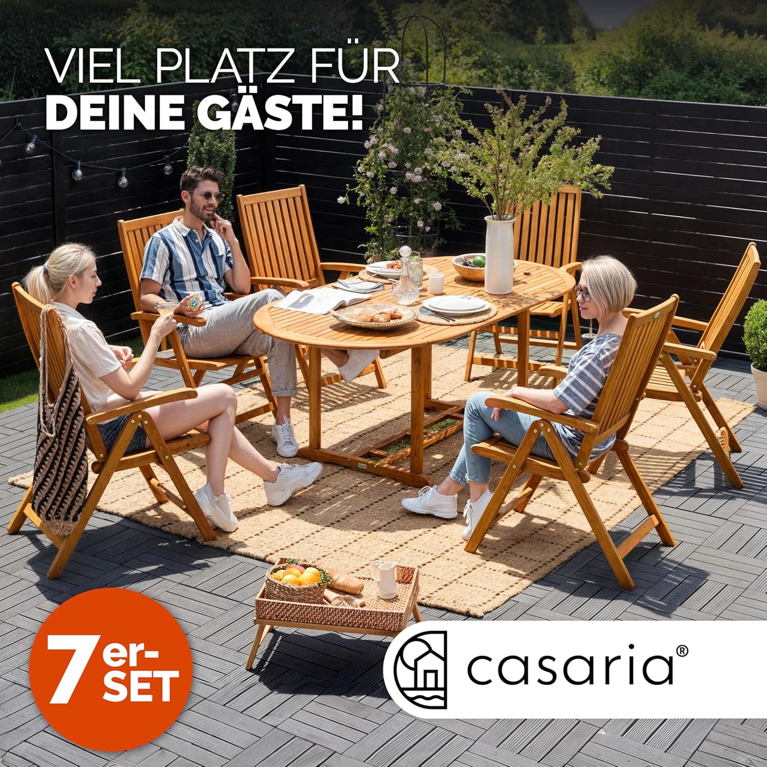 Casaria® Gartenmöbel Set Holz 6 Stühle mit Tisch Wetterfest FSC®-Zertifiziert Schirmständer Armlehnen Klappstühle Garten Terrasse 7-TLG. Eukalyptus — Ansicht 4