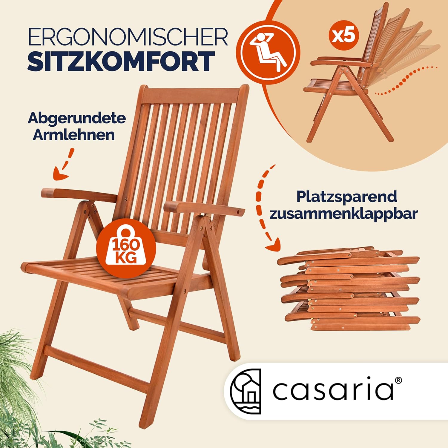 Casaria® Gartenmöbel Set Holz 6 Stühle mit Tisch Wetterfest FSC®-Zertifiziert Schirmständer Armlehnen Klappstühle Garten Terrasse 7-TLG. Eukalyptus — Ansicht 5
