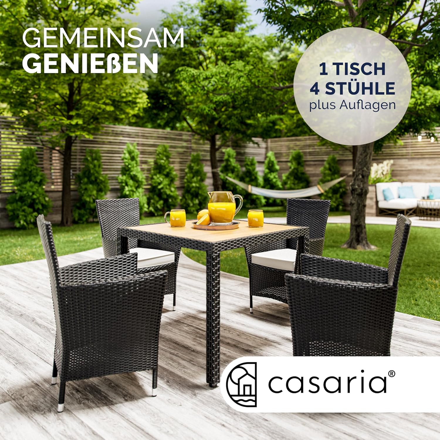 Casaria® Gartenmöbel Set Holz Balkon Wetterfest 4 Personen Polyrattan Akazie Outdoor 7cm Auflagen Stapelbar Gartenstühle Gartentisch Garten Terrasse Möbel — Ansicht 2