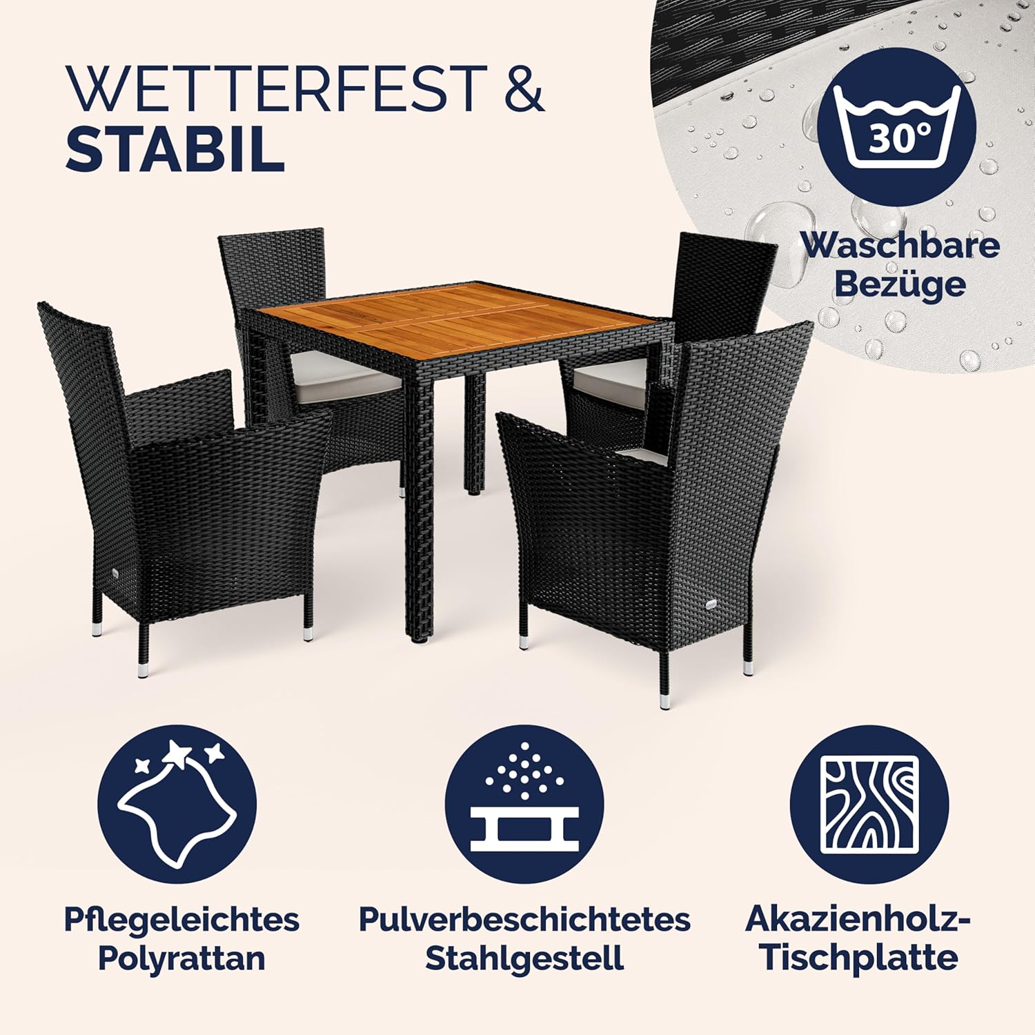 Casaria® Gartenmöbel Set Holz Balkon Wetterfest 4 Personen Polyrattan Akazie Outdoor 7cm Auflagen Stapelbar Gartenstühle Gartentisch Garten Terrasse Möbel — Ansicht 3