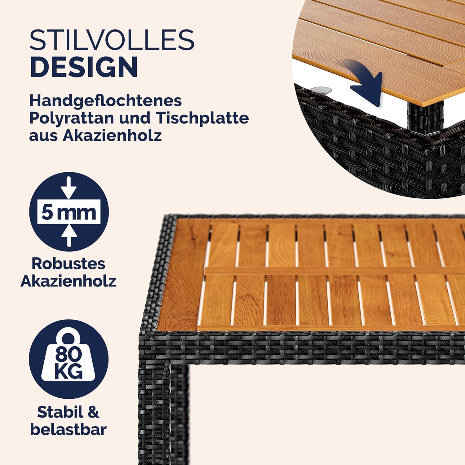 Casaria® Gartenmöbel Set Holz Balkon Wetterfest 4 Personen Polyrattan Akazie Outdoor 7cm Auflagen Stapelbar Gartenstühle Gartentisch Garten Terrasse Möbel — Ansicht 4