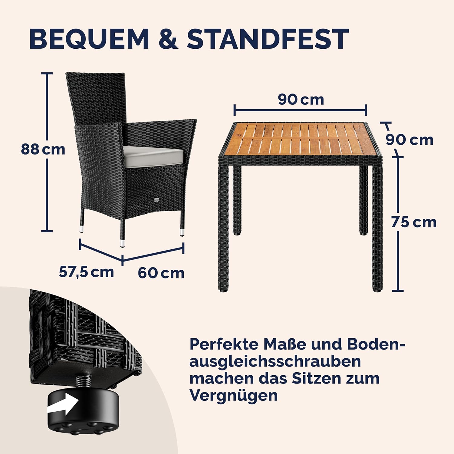 Casaria® Gartenmöbel Set Holz Balkon Wetterfest 4 Personen Polyrattan Akazie Outdoor 7cm Auflagen Stapelbar Gartenstühle Gartentisch Garten Terrasse Möbel — Ansicht 5