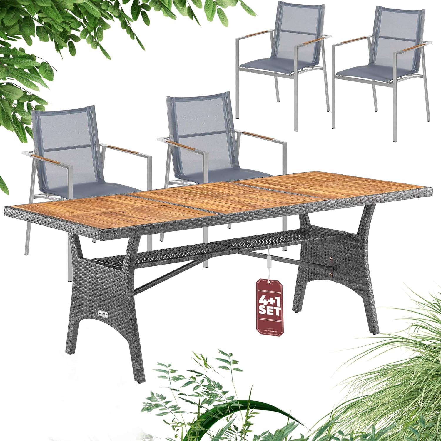 Casaria® Gartenmöbel Set Holz Stapelbar FSC®- / SVLK- Zertifiziert Akazie Teak Polyrattan Garten Balkon Terrasse Tisch 190x90cm Sitzgruppe Wetterfest Outdoor