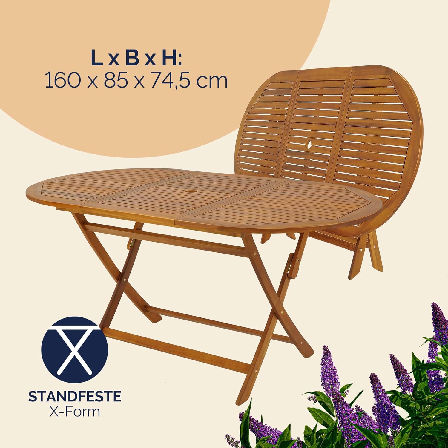 Casaria® Gartenmöbel Set Holz Wetterfest Klappbar 7-TLG. Schirmständer Armlehnen Garten Balkon Terrasse 160x85cm Akazie Braun — Ansicht 4