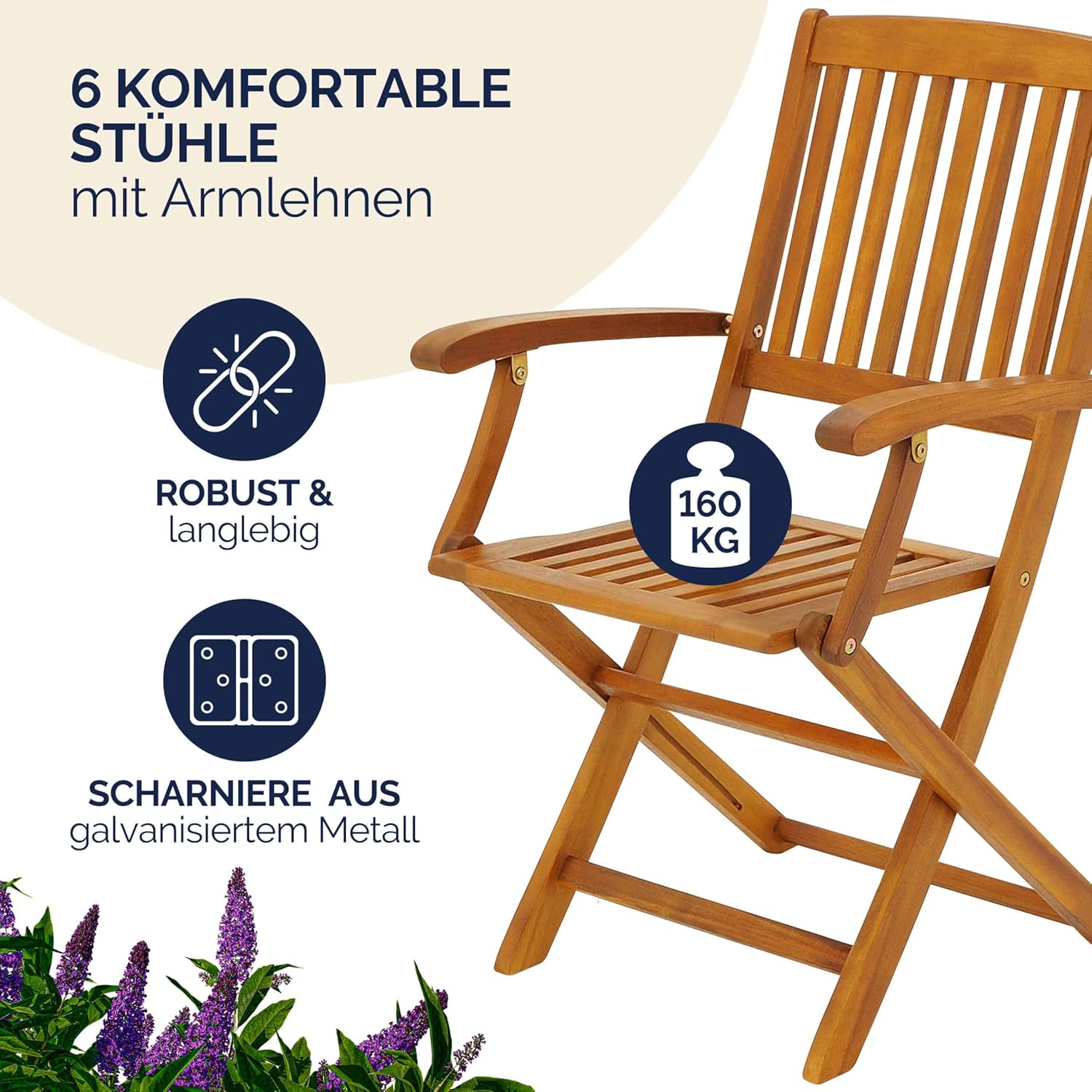 Casaria® Gartenmöbel Set Holz Wetterfest Klappbar 7-TLG. Schirmständer Armlehnen Garten Balkon Terrasse 160x85cm Akazie Braun — Ansicht 6