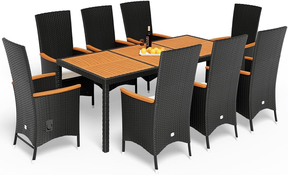 Casaria® Gartenmöbel Set mit Tisch 8 Stühle inkl. 2 Rückenlehne und Fußablage verstellbar 7cm Auflagen Sitzgruppe Outdoor Wetterfest Terrasse Garten Polyrattan Holz Akazie