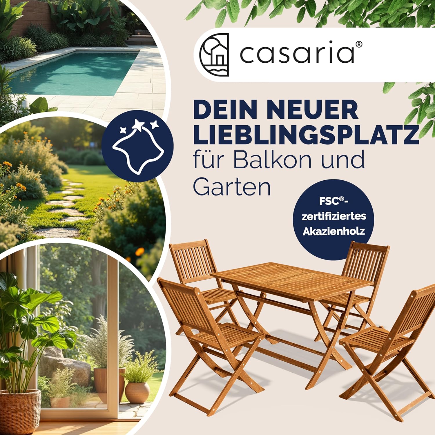 Casaria® Gartenmöbel Set Modell 2026 - NEU: Extra Stabiler Tisch mit umlaufender Verstärkungsleiste 5-teilig aus FSC® Akazienholz, 4 Stühle, klappbar für Garten & Balkon — Ansicht 2