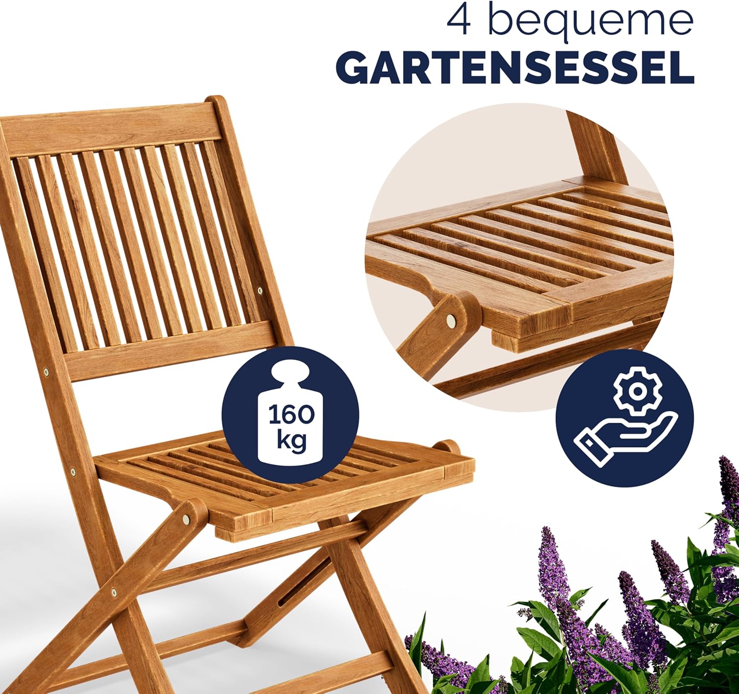 Casaria® Gartenmöbel Set Modell 2026 - NEU: Extra Stabiler Tisch mit umlaufender Verstärkungsleiste 5-teilig aus FSC® Akazienholz, 4 Stühle, klappbar für Garten & Balkon — Ansicht 3