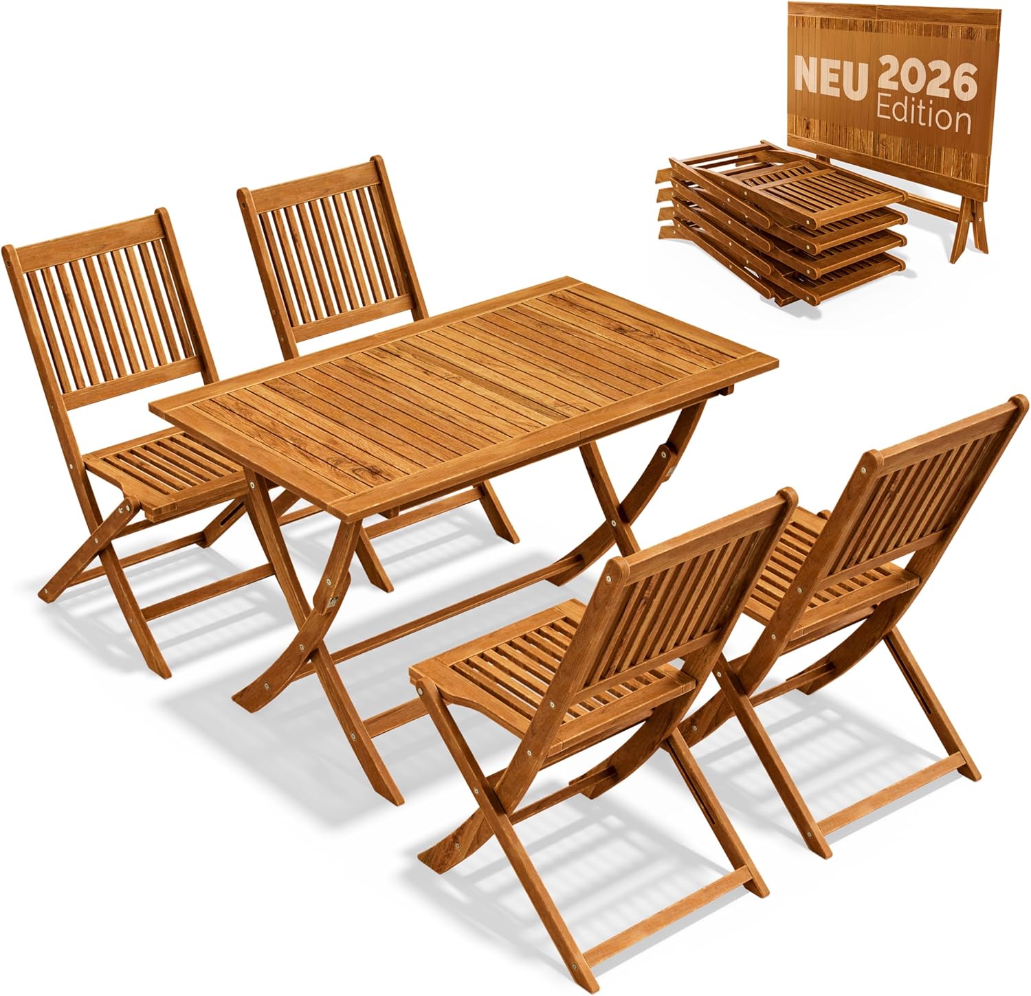 Casaria® Gartenmöbel Set Modell 2026 - NEU: Extra Stabiler Tisch mit umlaufender Verstärkungsleiste 5-teilig aus FSC® Akazienholz, 4 Stühle, klappbar für Garten & Balkon