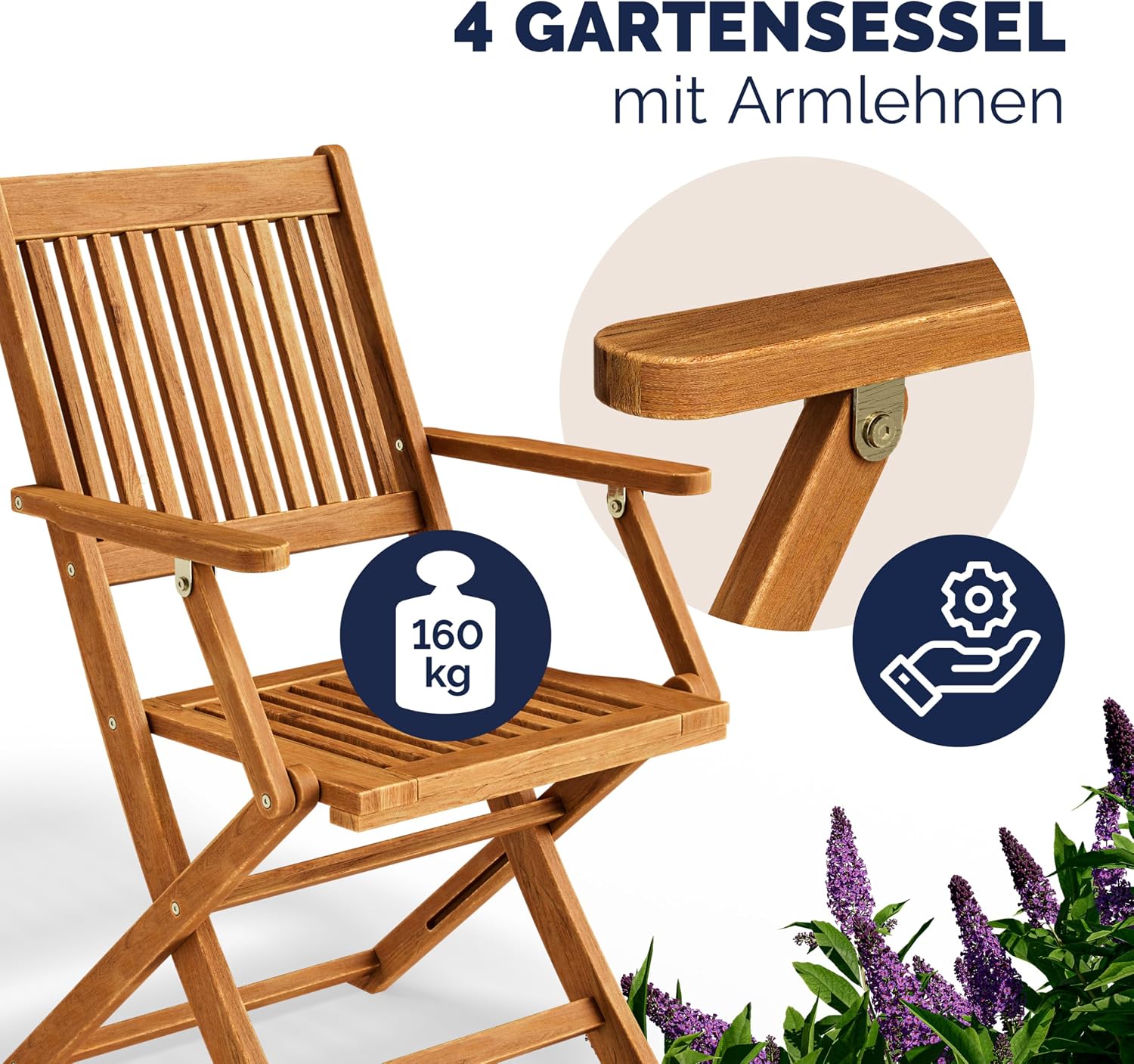 Casaria® Gartenmöbel Set Wetterfest Klappbar Akazie 5-TLG. FSC®-Zertifiziert Holz Armlehne 160kg Belastbarkeit Garten Terrasse Balkonmöbel 120x70cm Möbelset 4 Personen — Ansicht 3