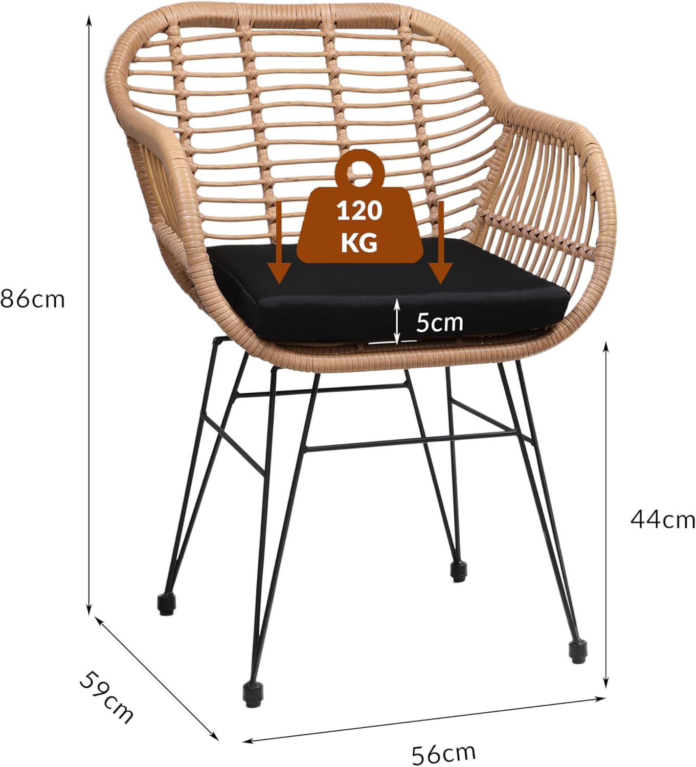 Casaria® Gartenstühle 2er Set Polyrattan inkl. Auflage Armlehne Metall Wetterfest Verstellbar Outdoor Modern Garten Terrasse Balkon Gartensessel Stuhl — Ansicht 3