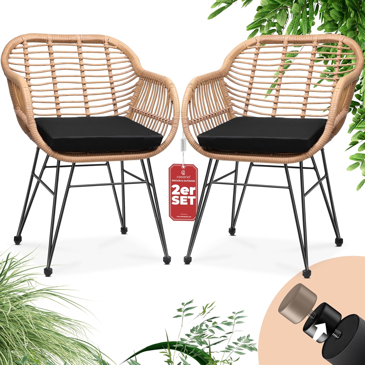 Casaria® Gartenstühle 2er Set Polyrattan inkl. Auflage Armlehne Metall Wetterfest Verstellbar Outdoor Modern Garten Terrasse Balkon Gartensessel Stuhl