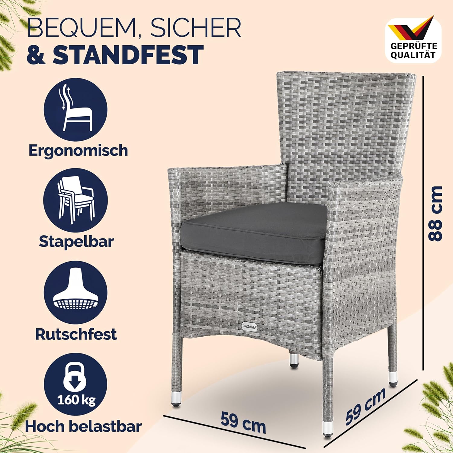 Casaria® Gartenstühle 2er Set Polyrattan Stapelbar mit Auflagen 160kg Belastbarkeit Wetterfest Outdoor Garten Terrasse Balkon Stapelstuhl Stuhl Sessel — Ansicht 2