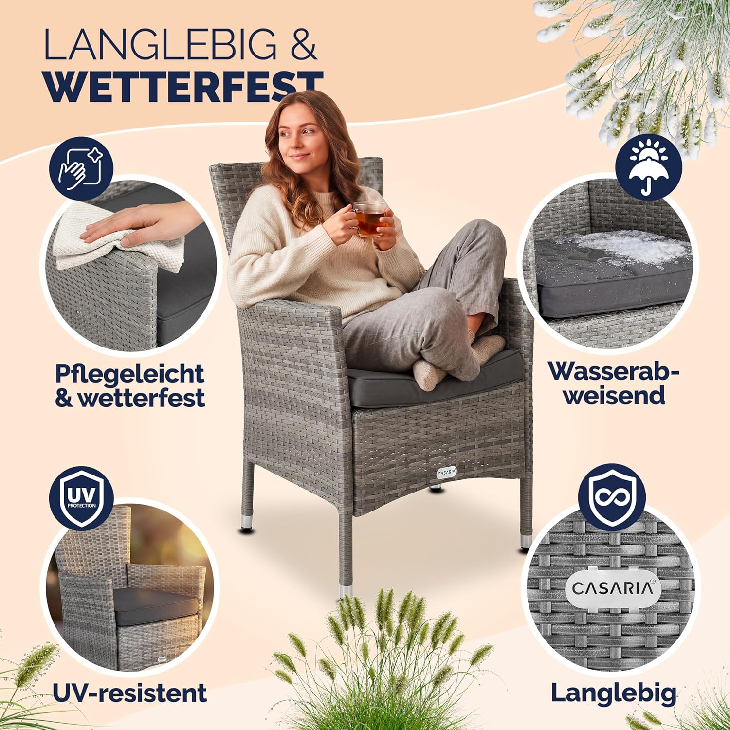 Casaria® Gartenstühle 2er Set Polyrattan Stapelbar mit Auflagen 160kg Belastbarkeit Wetterfest Outdoor Garten Terrasse Balkon Stapelstuhl Stuhl Sessel — Ansicht 3
