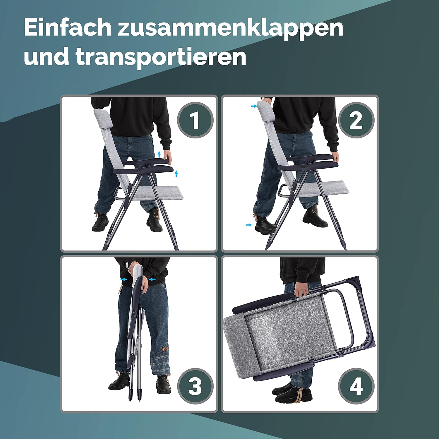 Casaria Gartenstühle 4er Set Klappbar 7-Fach Verstellbar Alu mit hoher Rückenlehne Liegefunktion Faltbar Balkon Campingstuhl Klappstuhl Hochlehner — Ansicht 5