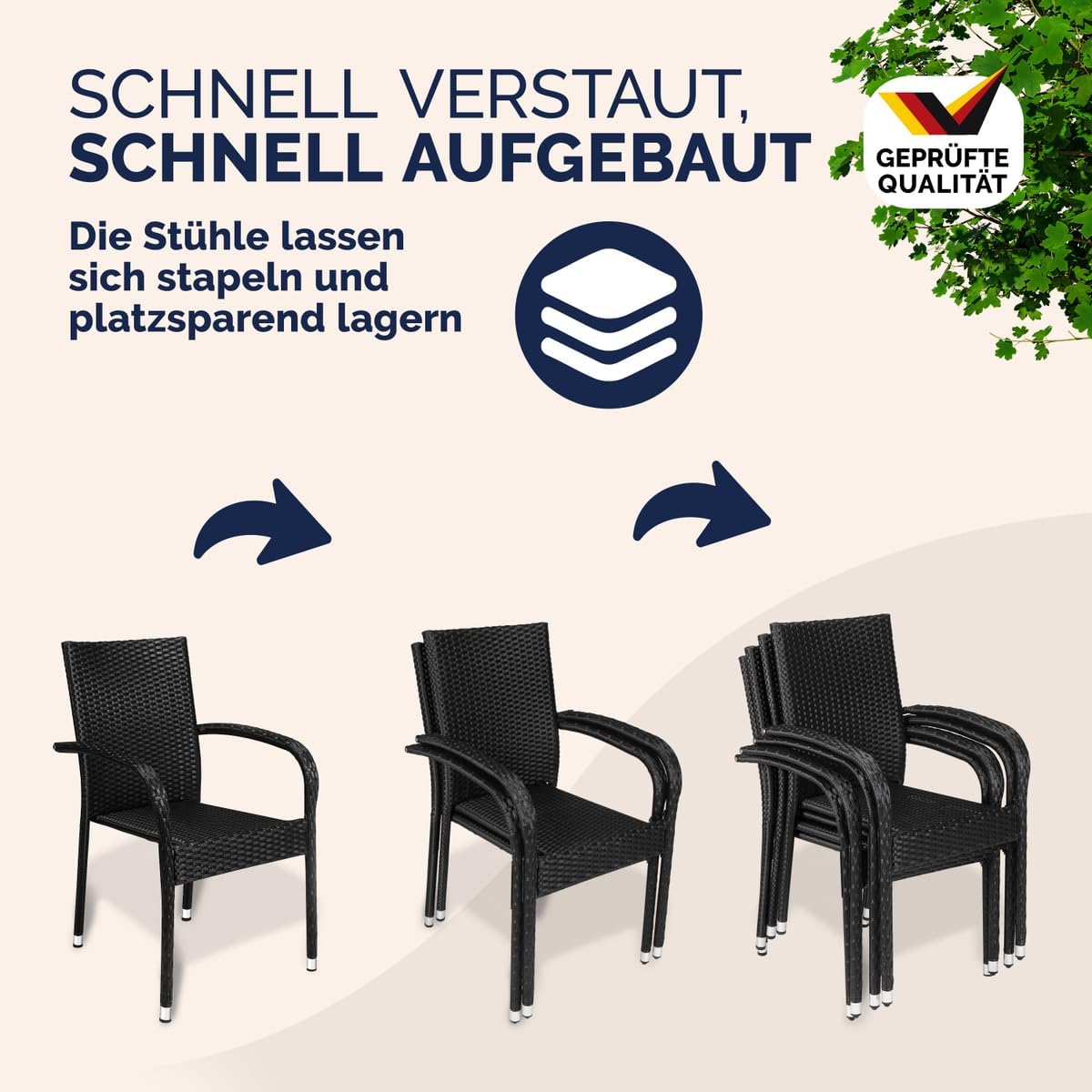 Casaria® Gartenstühle 4er Set Stapelbar Wetterfest Polyrattan Outdoor 160kg Garten Terrasse Balkon Stuhl mit Armlehne Gartensessel Stapelstühle Schwarz — Ansicht 6