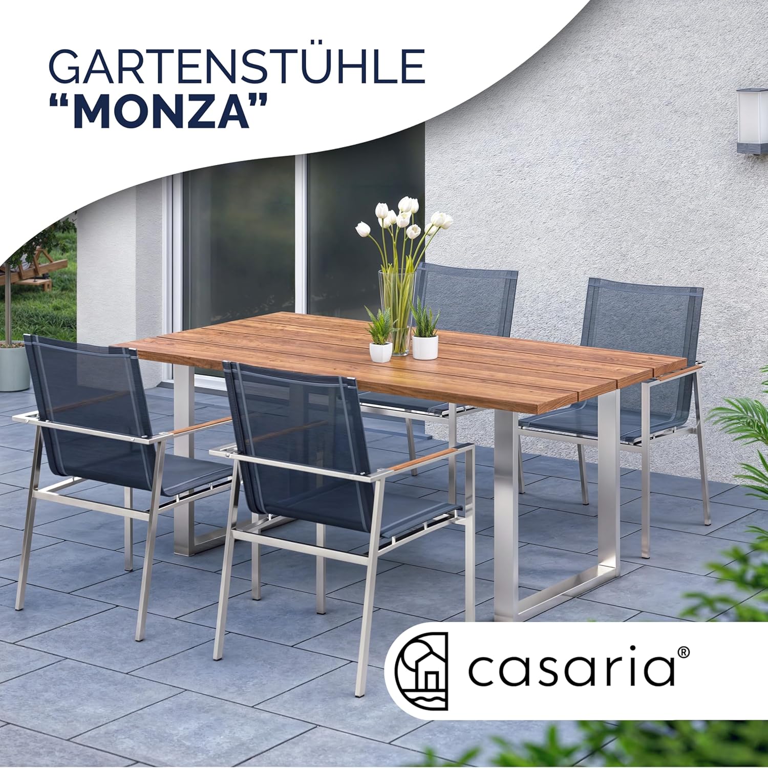 Casaria® Gartenstuhl 4er Set Armlehnen Stapelbar 160kg Garten Terrasse Balkon Gartenmöbel Terrassenstuhl Teakholz Edelstahl — Ansicht 5
