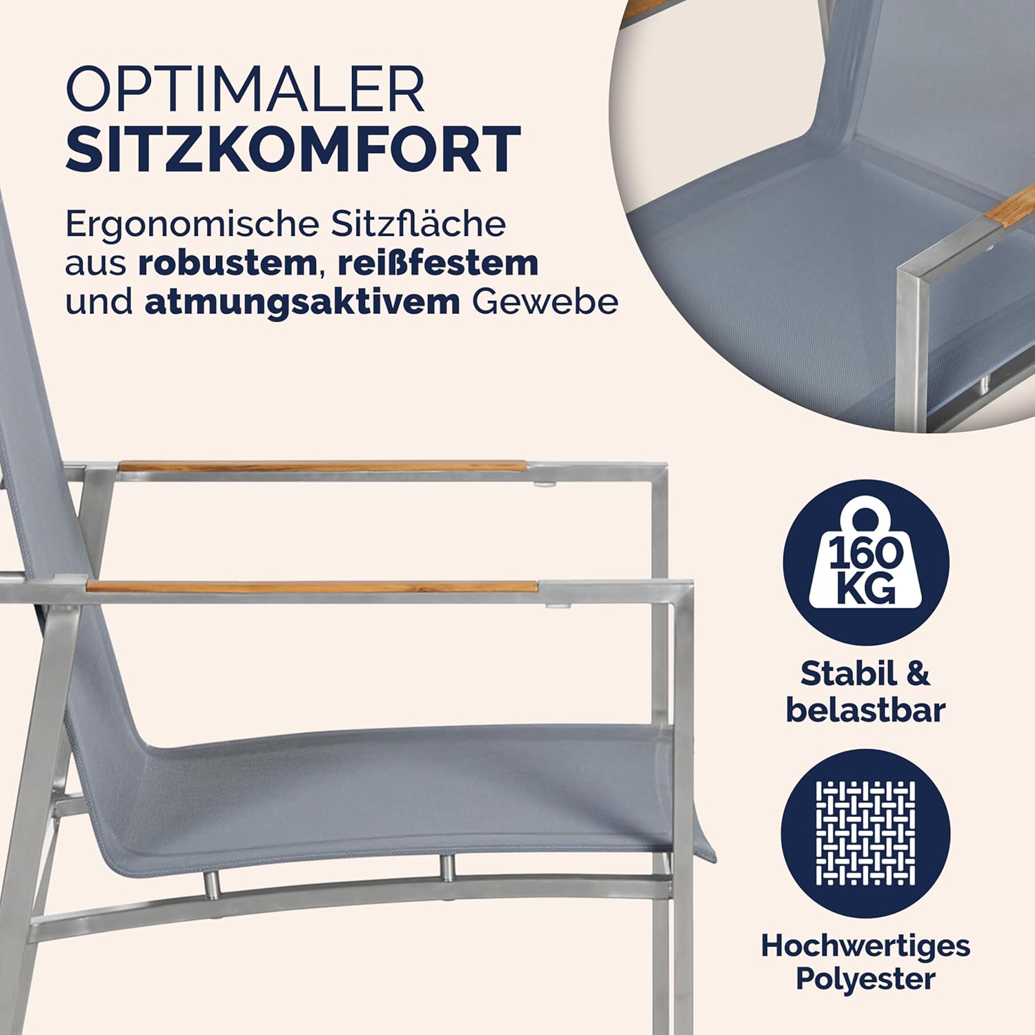 Casaria® Gartenstuhl 4er Set Armlehnen Stapelbar 160kg Garten Terrasse Balkon Gartenmöbel Terrassenstuhl Teakholz Edelstahl — Ansicht 6