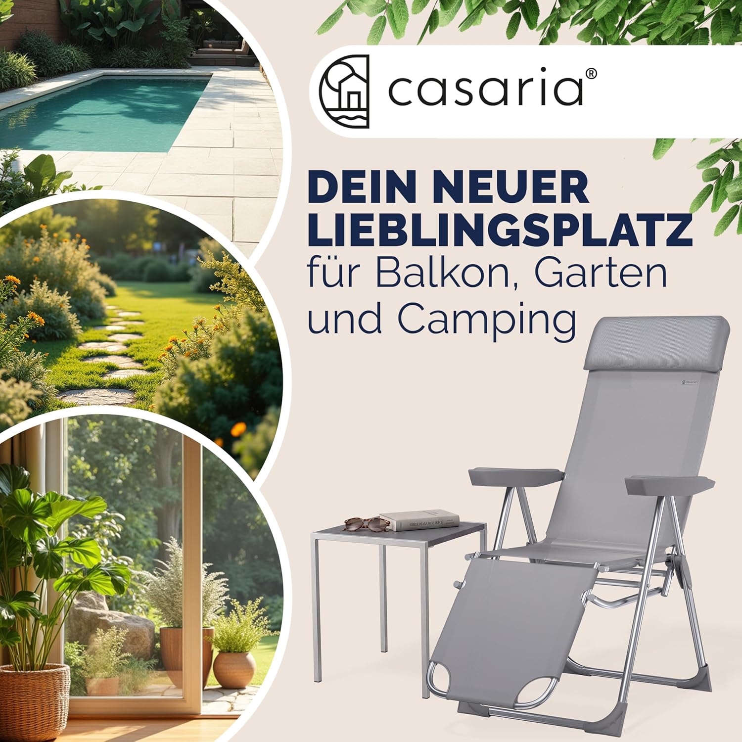Casaria® Gartenstuhl mit Fußteil 2er Set 6fach Verstellbar Liegefunktion Alu Faltbar Klappbar Hohe Rückenlehne Campingstuhl Klappstuhl Hochlehner Grau — Ansicht 4