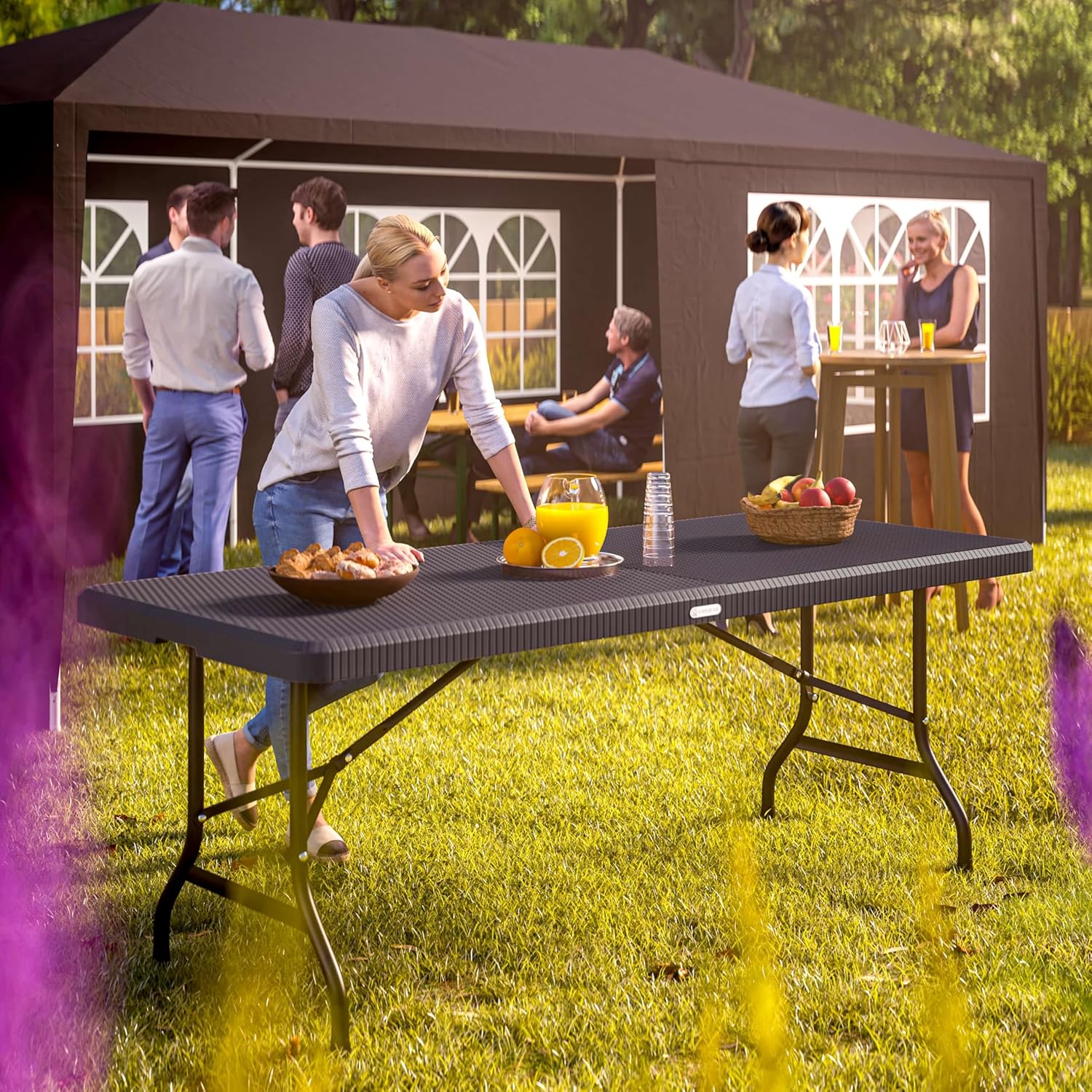 Casaria® Gartentisch klappbar Polyrattan Campingtisch 180x75cm Wetterfest Tragegriff Klapptisch Kunststoff Tisch Garten Balkon Camping Buffettisch Schwarz — Ansicht 2