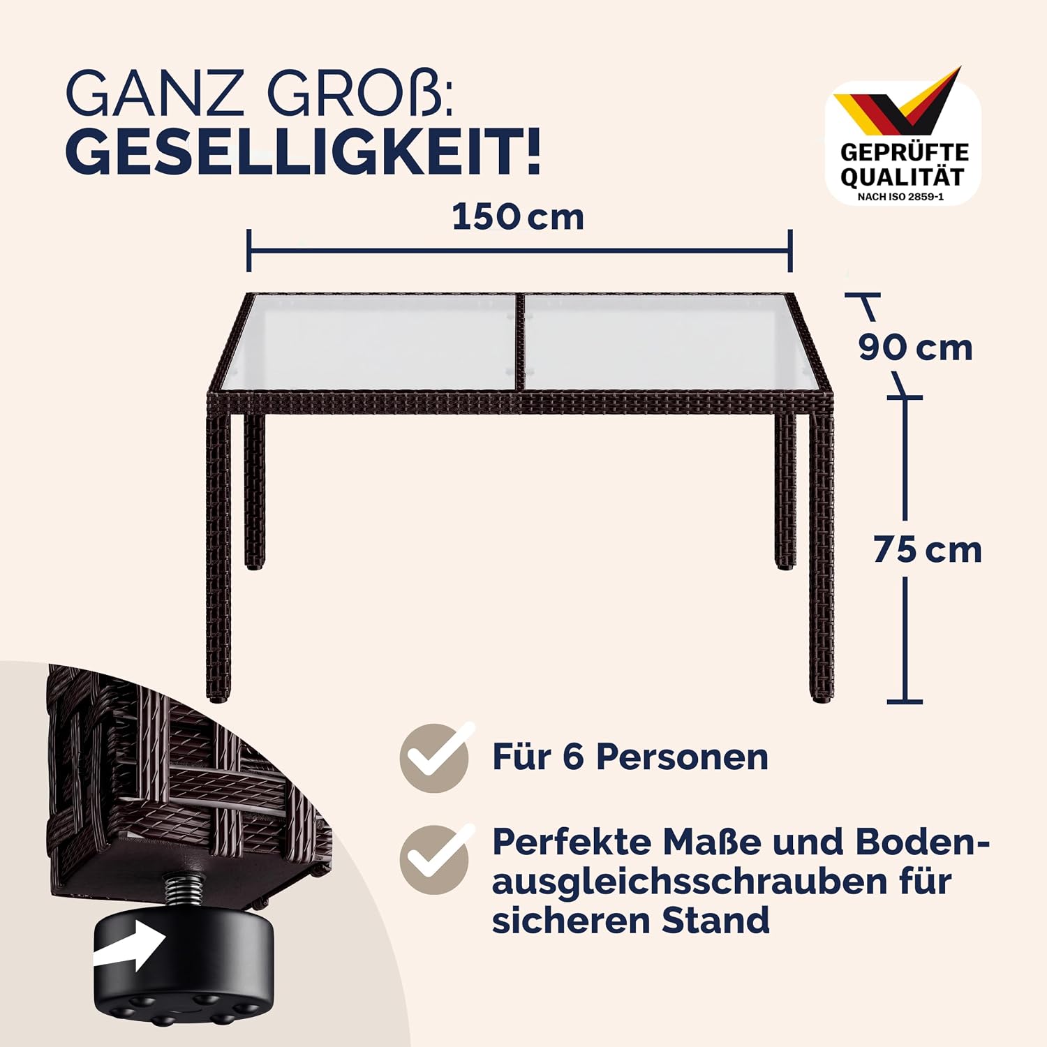 Casaria® Gartentisch Wetterfest 150x90cm Polyrattan Balkontisch Höhenverstellbar 5mm Sicherheitsglas Garten Terrasse Tisch Gartenmöbel Outdoor Braun — Ansicht 2