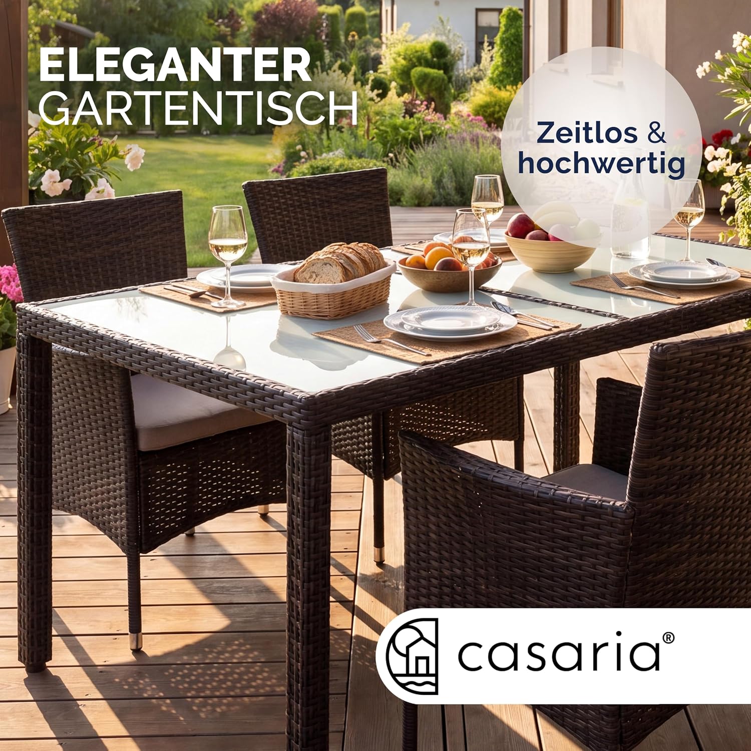 Casaria® Gartentisch Wetterfest 150x90cm Polyrattan Balkontisch Höhenverstellbar 5mm Sicherheitsglas Garten Terrasse Tisch Gartenmöbel Outdoor Braun — Ansicht 3