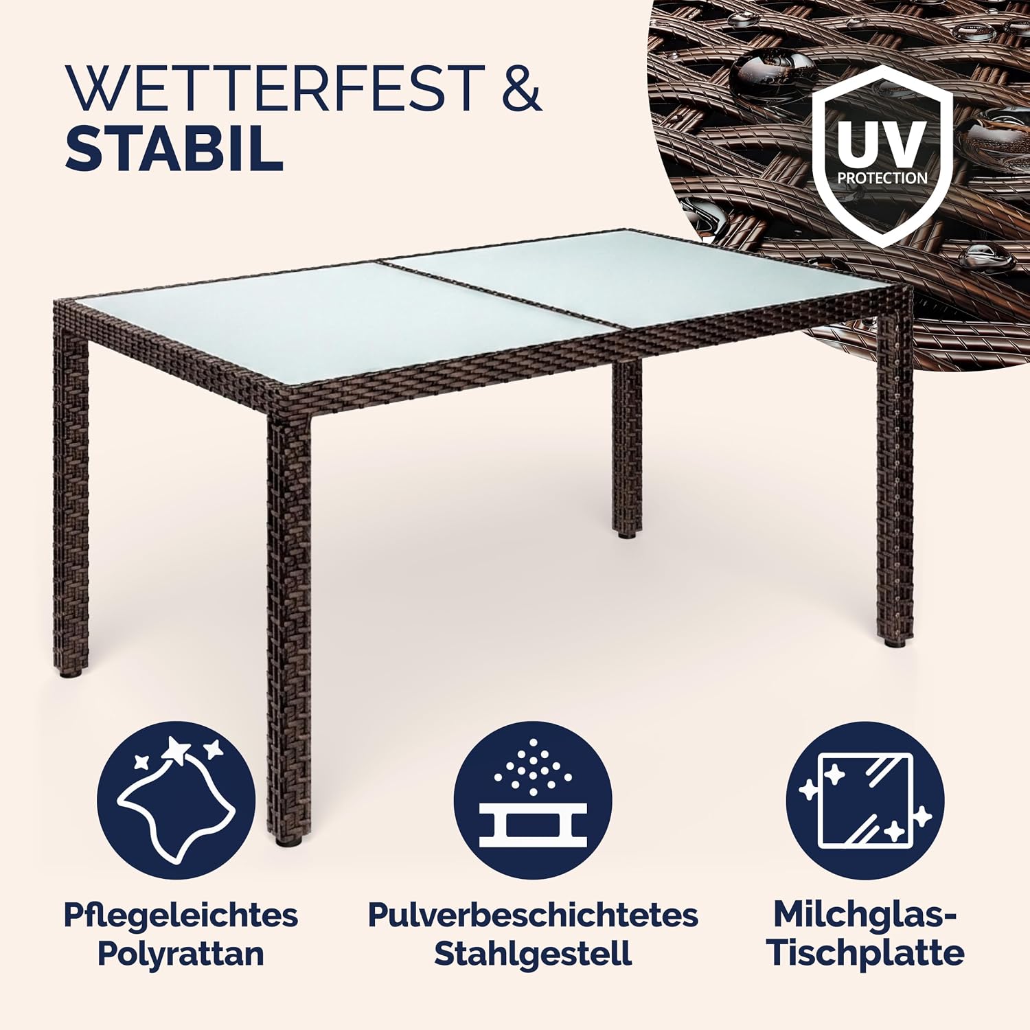 Casaria® Gartentisch Wetterfest 150x90cm Polyrattan Balkontisch Höhenverstellbar 5mm Sicherheitsglas Garten Terrasse Tisch Gartenmöbel Outdoor Braun — Ansicht 4