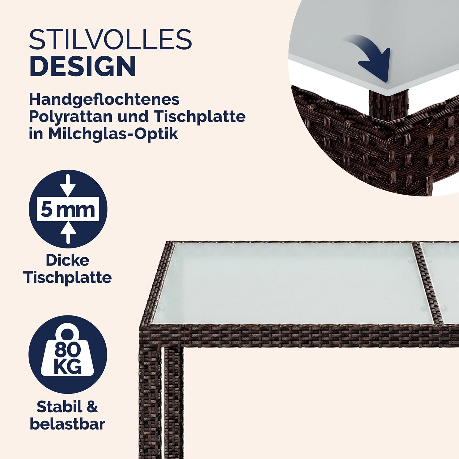 Casaria® Gartentisch Wetterfest 150x90cm Polyrattan Balkontisch Höhenverstellbar 5mm Sicherheitsglas Garten Terrasse Tisch Gartenmöbel Outdoor Braun — Ansicht 6