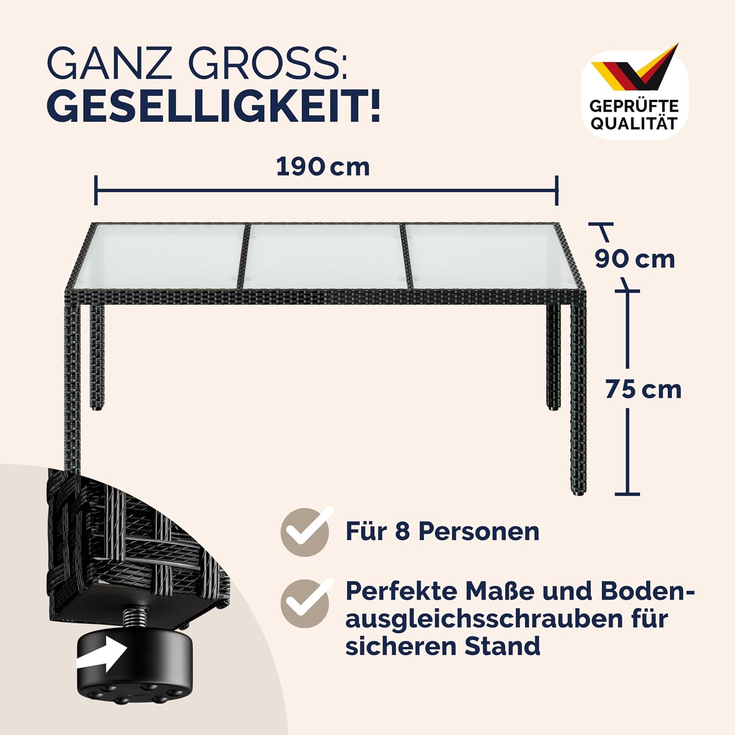 Casaria® Gartentisch Wetterfest 190x90x75cm Polyrattan Höhenverstellbar 5mm Sicherheitsglas Garten Terrasse Esstisch Outdoor Tisch Gartenmöbel Schwarz — Ansicht 2