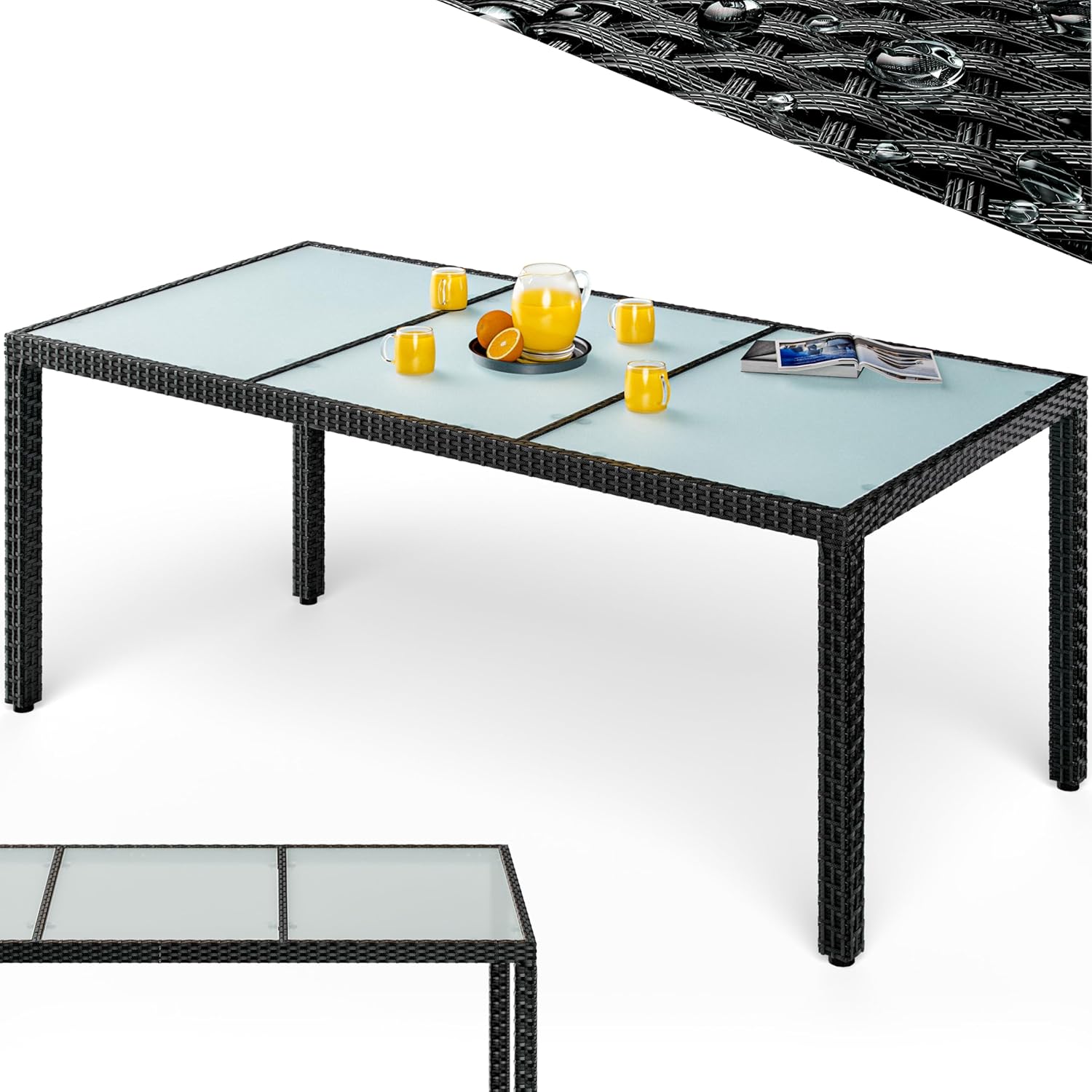 Casaria® Gartentisch Wetterfest 190x90x75cm Polyrattan Höhenverstellbar 5mm Sicherheitsglas Garten Terrasse Esstisch Outdoor Tisch Gartenmöbel Schwarz