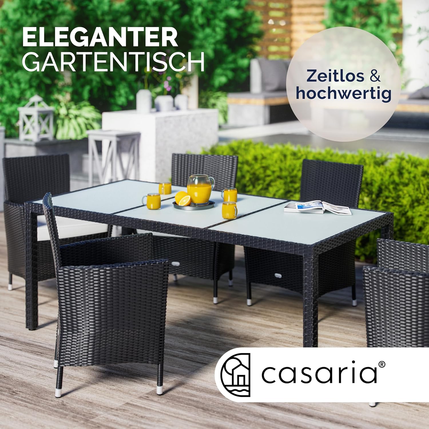 Casaria® Gartentisch Wetterfest 190x90x75cm Polyrattan Höhenverstellbar 5mm Sicherheitsglas Garten Terrasse Esstisch Outdoor Tisch Gartenmöbel Schwarz — Ansicht 3