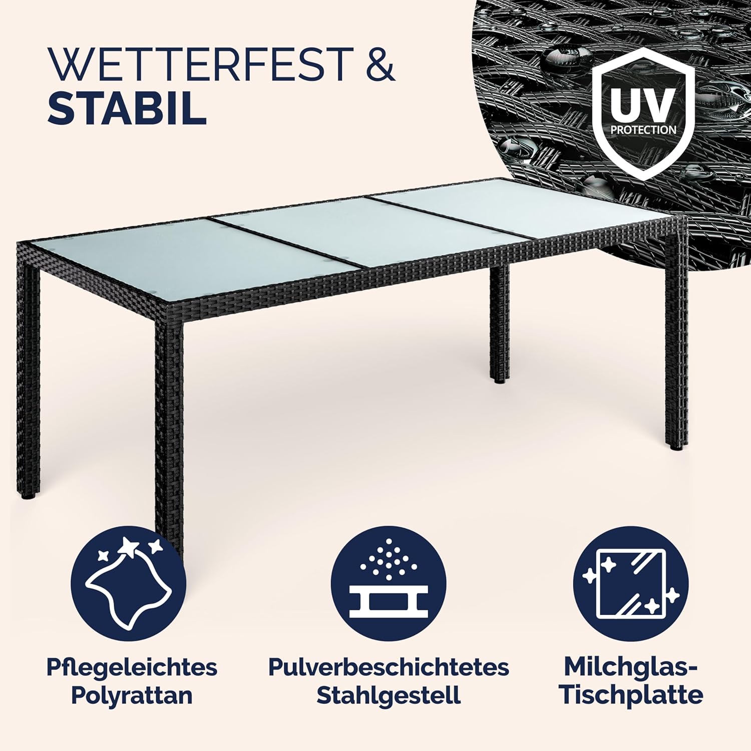 Casaria® Gartentisch Wetterfest 190x90x75cm Polyrattan Höhenverstellbar 5mm Sicherheitsglas Garten Terrasse Esstisch Outdoor Tisch Gartenmöbel Schwarz — Ansicht 4