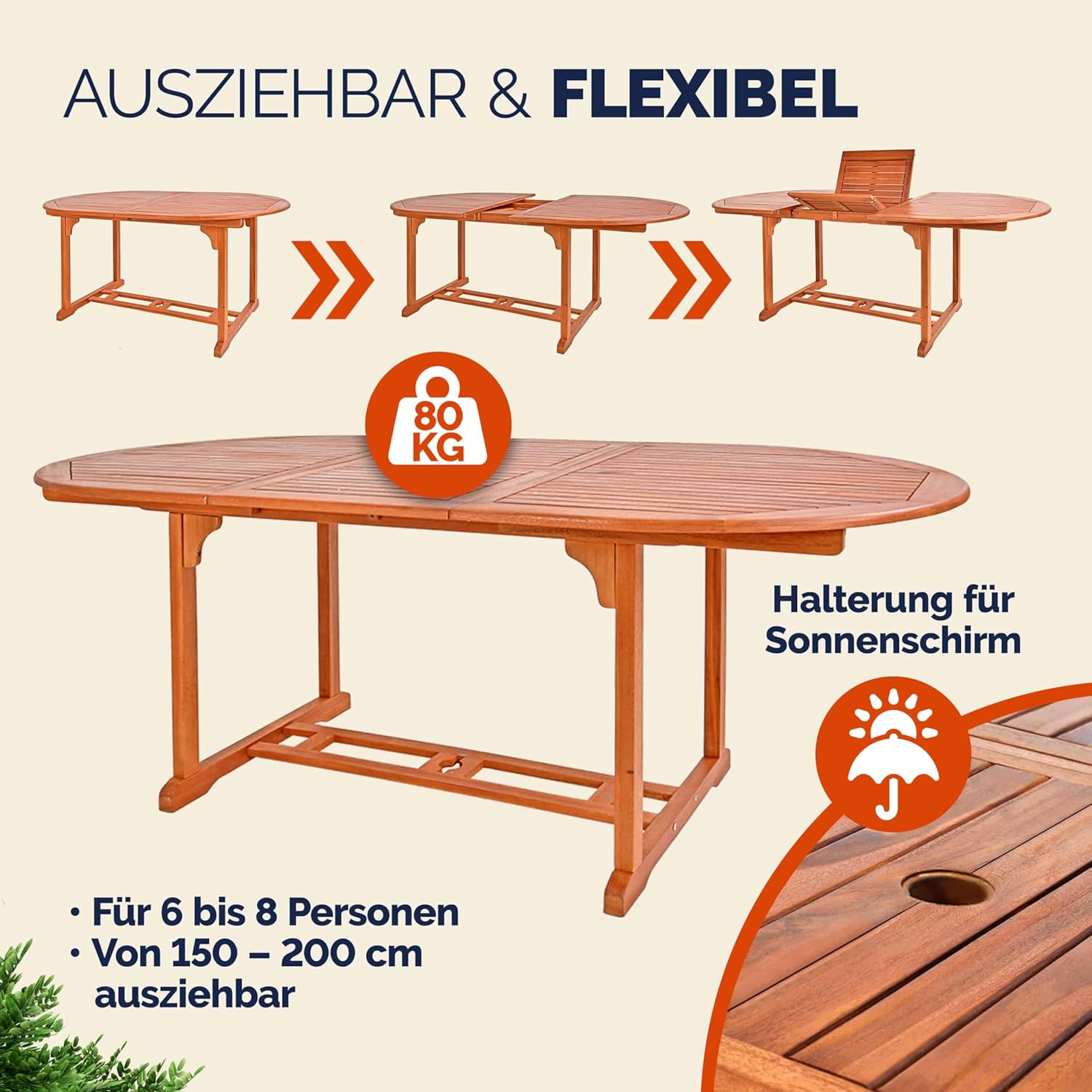 Casaria® Gartentisch Wetterfest FSC®-Zertifiziert Holz 200x100cm 160kg Belastbarkeit Schirmständer Balkon Garten Terrasse Tisch Klapptisch Balkontisch Eukalyptus — Ansicht 4