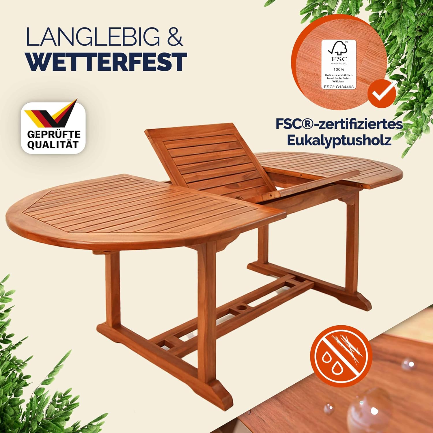 Casaria® Gartentisch Wetterfest FSC®-Zertifiziert Holz 200x100cm 160kg Belastbarkeit Schirmständer Balkon Garten Terrasse Tisch Klapptisch Balkontisch Eukalyptus — Ansicht 6
